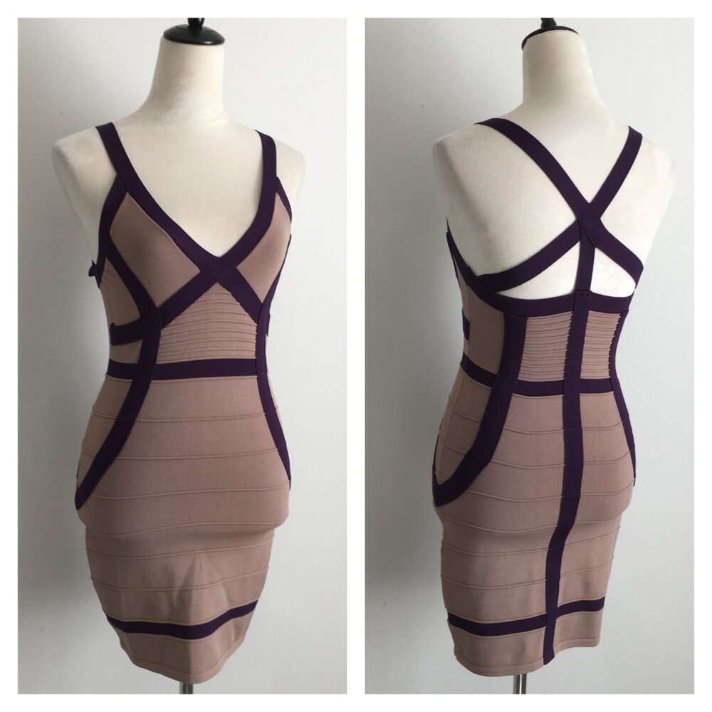 HOT MIAMI STYLES Taupe Brown Purple Trim Strappy Bandage Bodycon Dress
